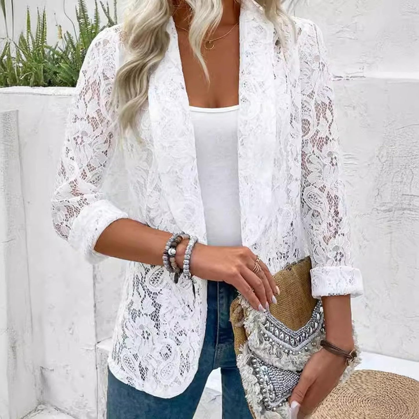 Eline | Let blazer med reverskrave og blondemønster